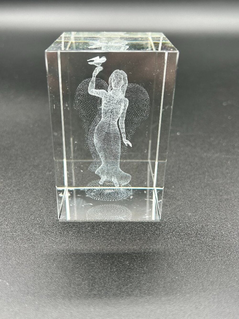 Glass Crystal Paperweight Angel Holding A Bird Etched 3D Fairy Cube